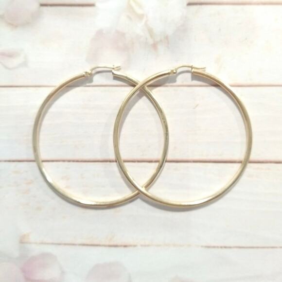 FAS 14k Yellow Gold 925 Sterling Silver Round Hoop Earrings Large Bold Signed - Picture 4 of 12